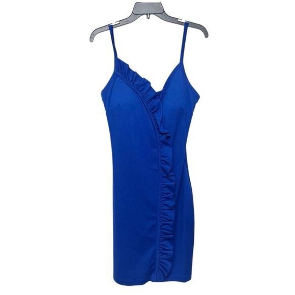 New GUESS Ponte Ruffle Sheath Dress in Royal Blue Size 12 - Picture 5 of 12